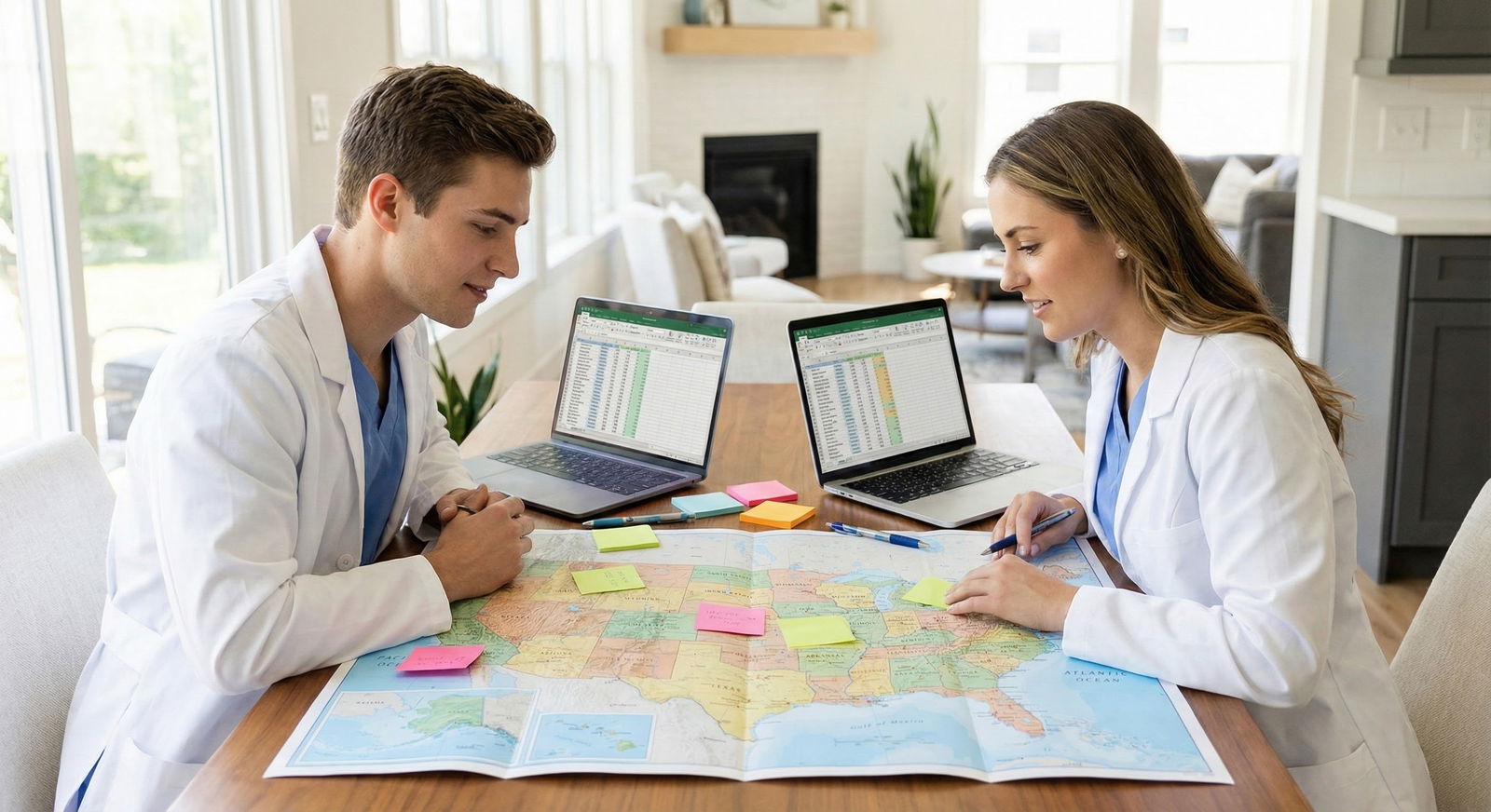Medical couple discussing residency locations over a map -  for Building a Joint Rank List: A Structured Spreadsheet Method f