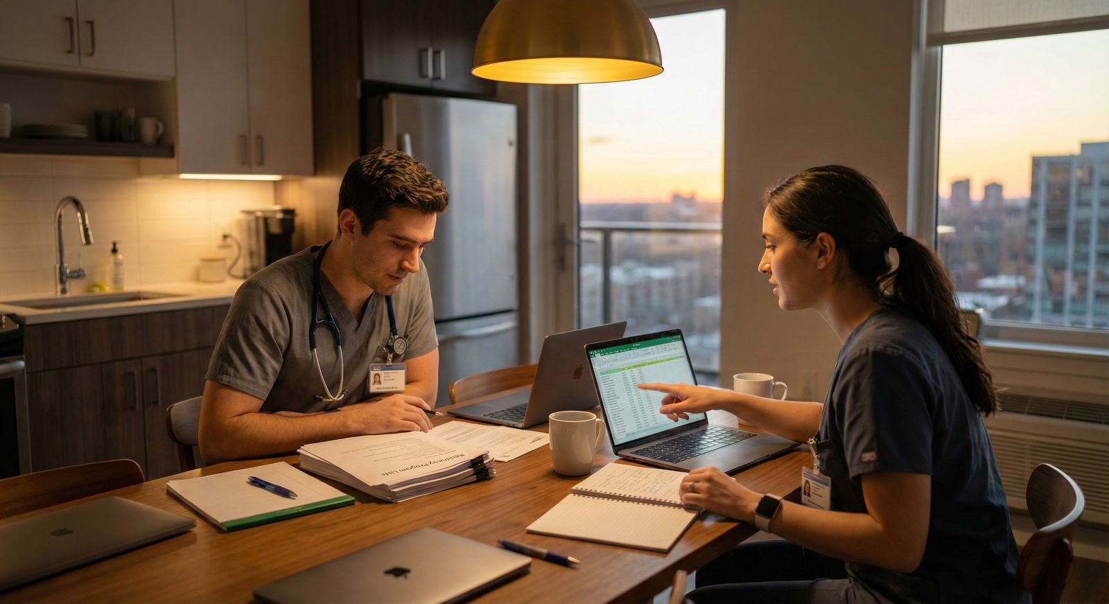 Medical resident couple walking through a large academic hospital corridor -  for Program Size and Couples Match: Do Larger H