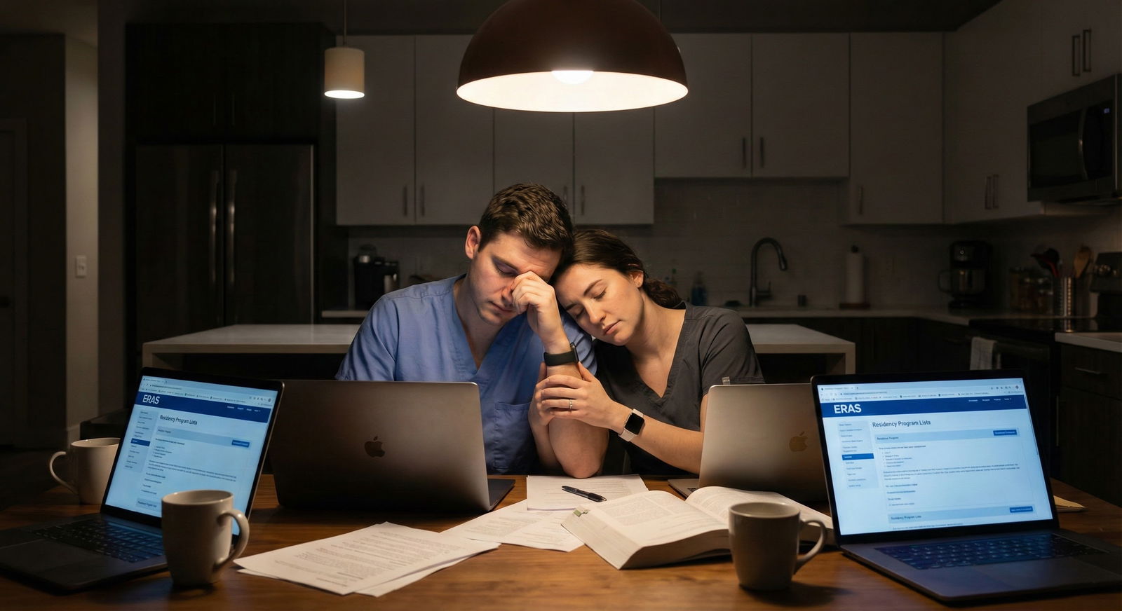 Medical couple sitting together stressed over residency choices Medical couple sitting together stressed over residency choices - for How to Cope When One Partner Is Still Unsure About Spe