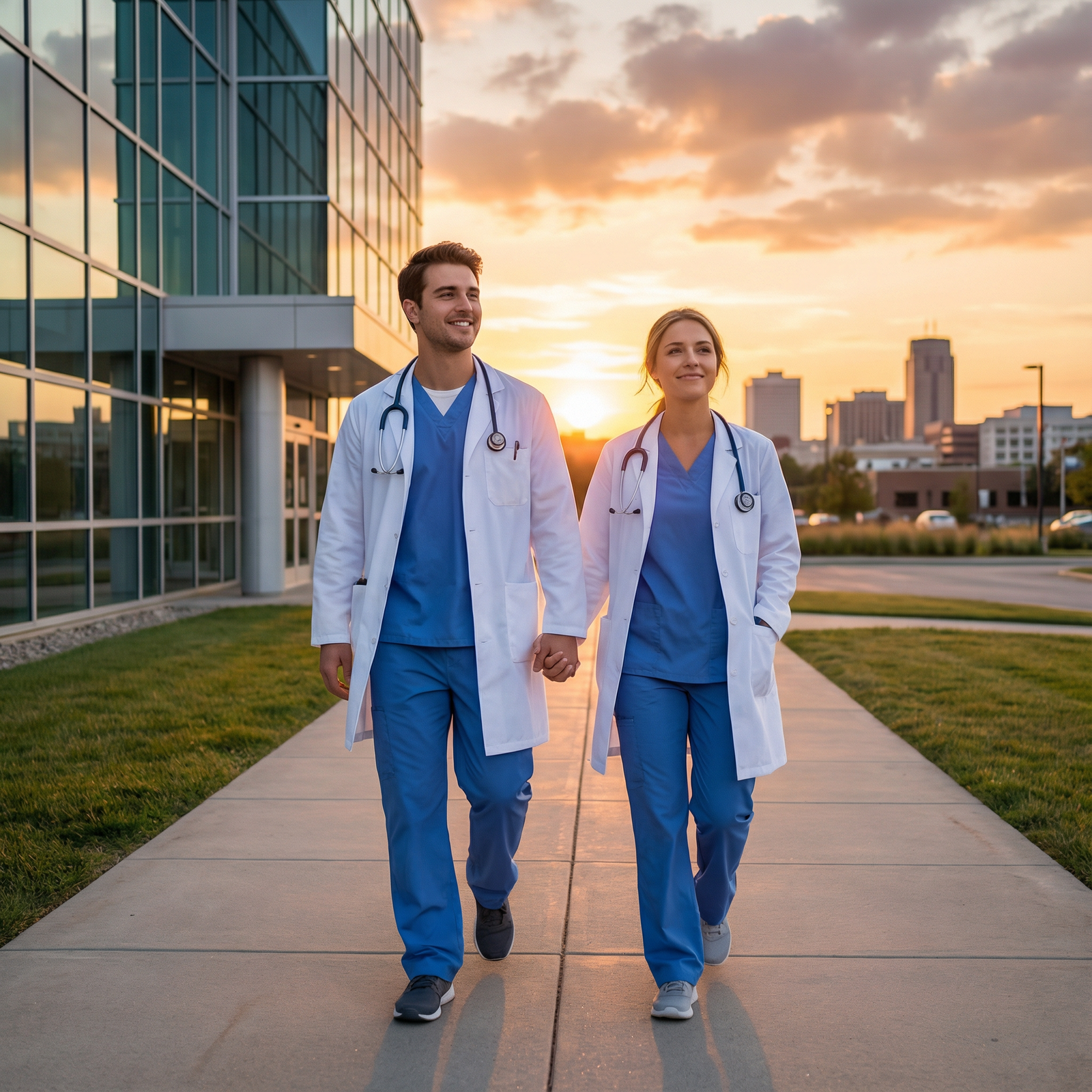 Medical couple walking together near a hospital at sunset, holding hands, with scrubs and white coats, city skyline in backgr