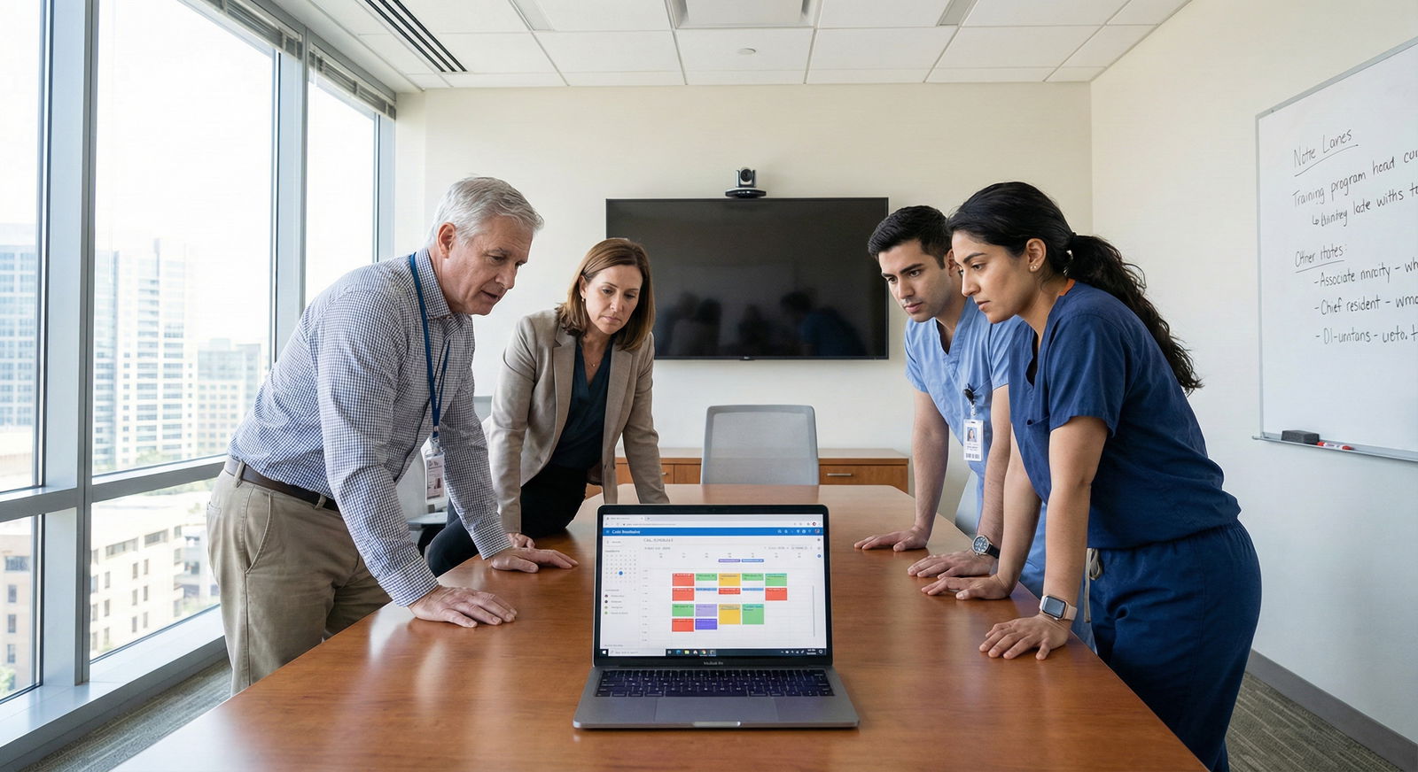Medical education leadership in a meeting discussing resident staffing and schedules -  for The Real Politics of Call Schedul