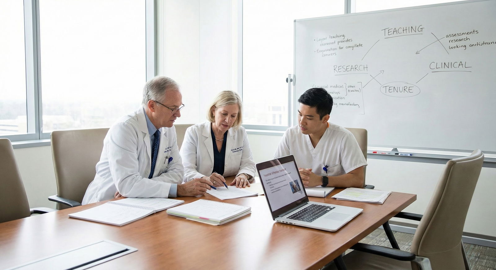 Medical faculty discussing career tracks in a clinical conference room -  for Should I Choose the Clinician-Educator Track or