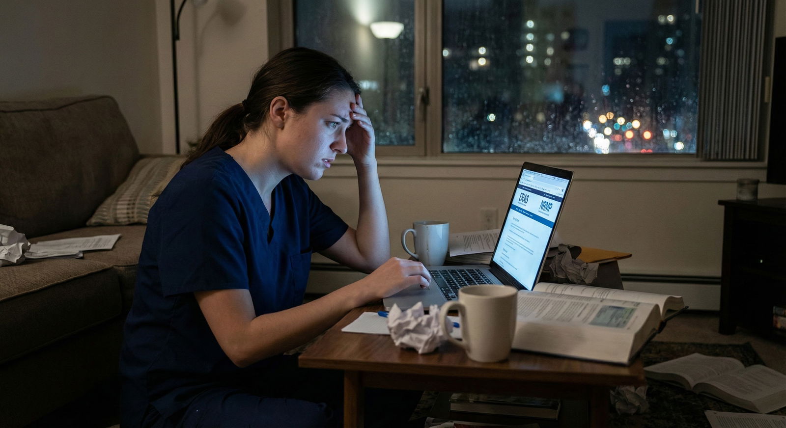 Medical graduate sitting alone with laptop reviewing NRMP results -  for No Match and No Strong Mentors: How to Build a Suppo