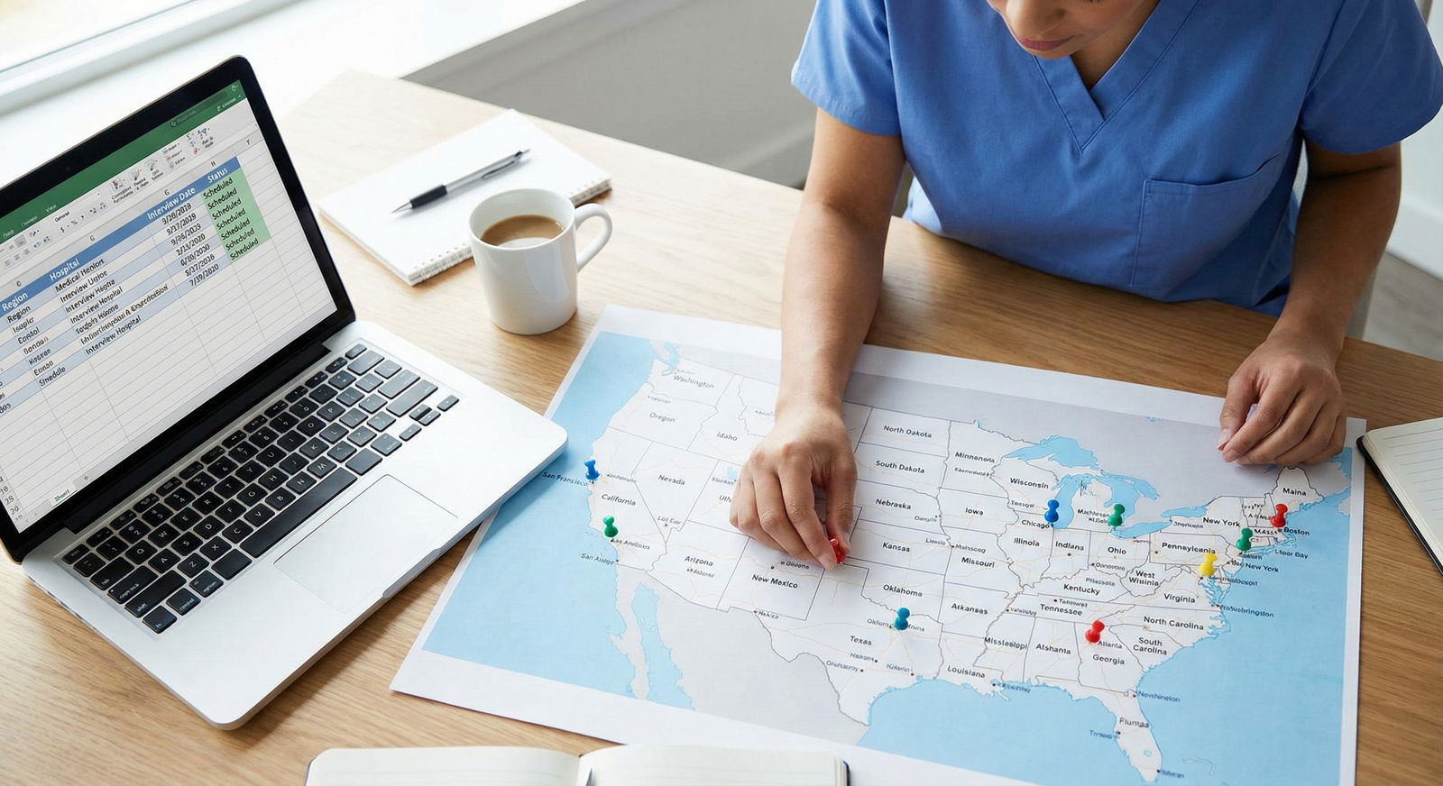 Medical fellow reviewing job offers in different US regions -  for Can Switching Regions for Fellowship Reset Your Career Geo