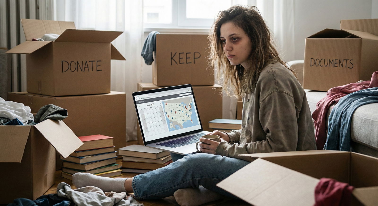 Medical graduate packing boxes in a small apartment, planning a cross-country move during residency interview season Medical graduate packing boxes in a small apartment, planning a cross-country move during residency interview season - for M