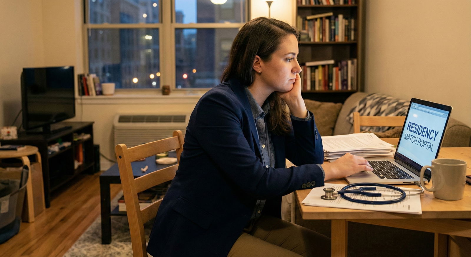 Medical graduate sitting at a desk looking at their Match results on a laptop -  for Should I Take a Gap Year After Not Match