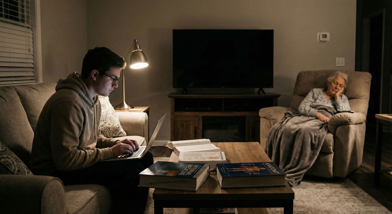 Medical graduate studying at night while family member sleeps nearby -  for Caring for Family While Unmatched: Structuring a