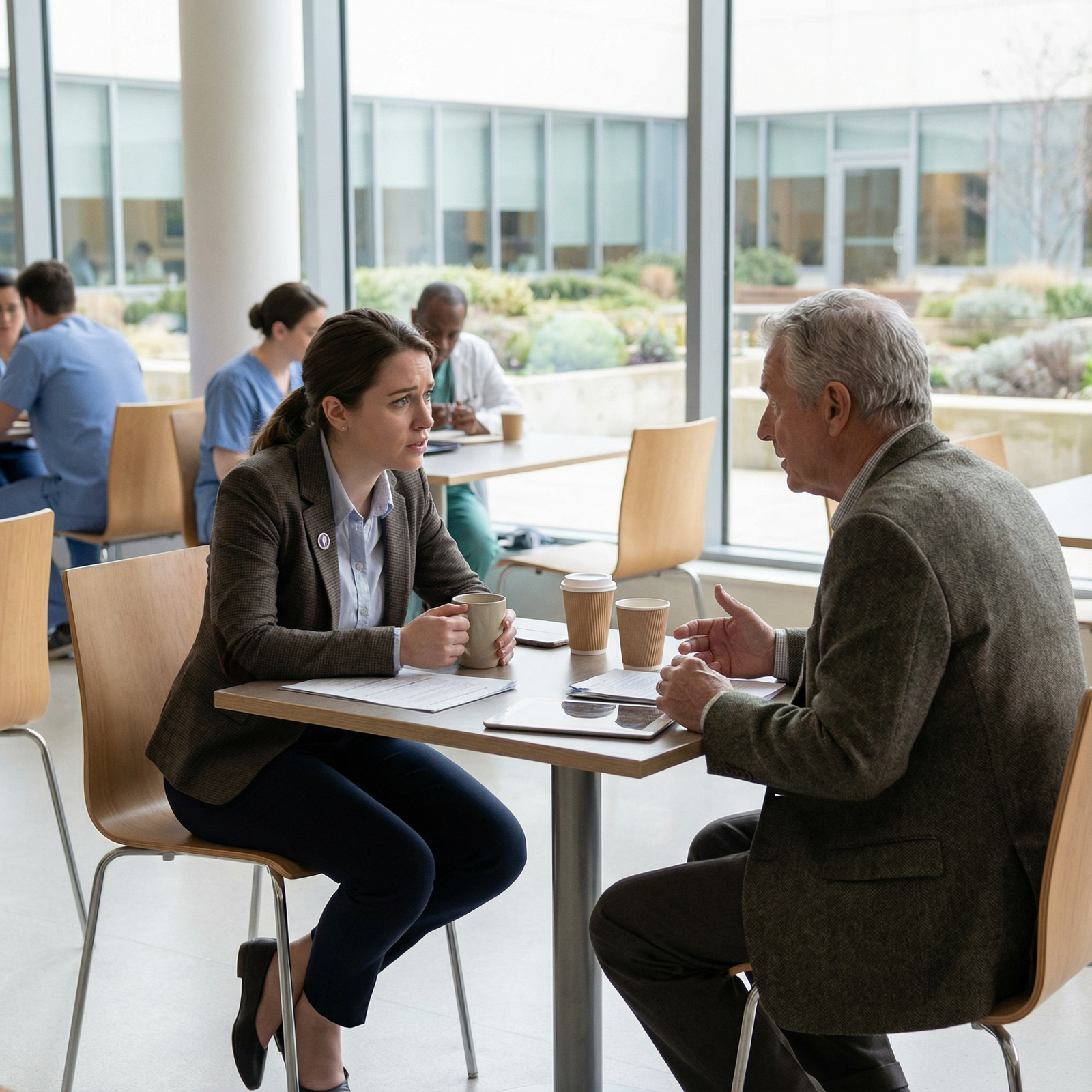 Medical graduate talking to mentor in hospital cafeteria -  for What If I Can’t Afford a ‘Traditional’ Gap Year After Not Mat