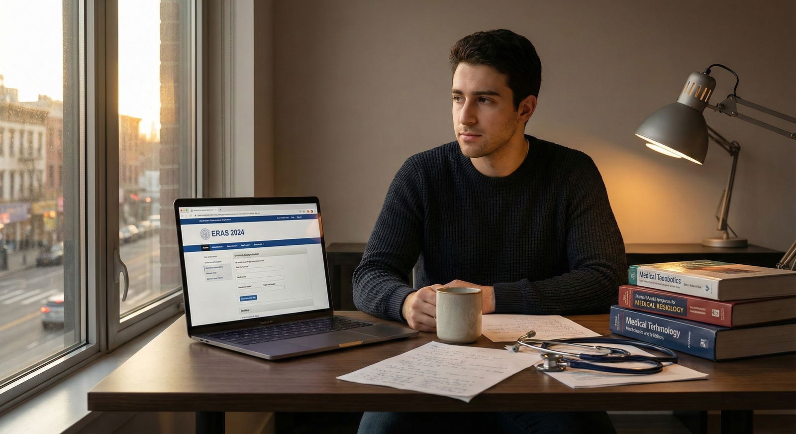 Medical graduate working on ERAS application at a laptop -  for Do I Need to Mention Every Gap Year Job on ERAS or Be Selecti