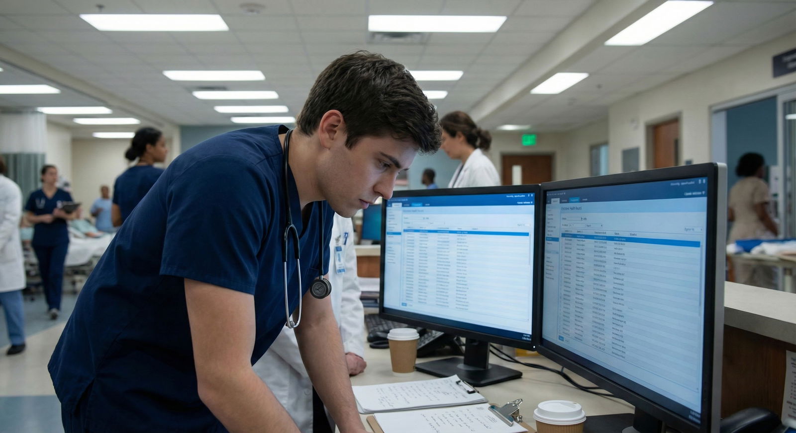 Medical intern writing patient notes during a busy hospital shift -  for Month 1–3 of Intern Year: Crucial Habits to Build an