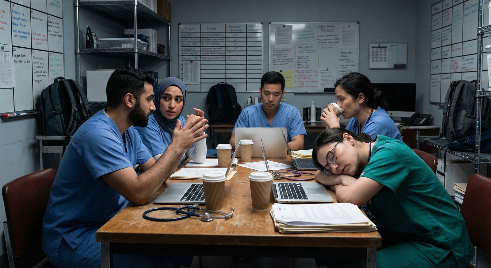 Medical interns sitting in a cramped workroom, talking quietly and supporting each other Medical interns sitting in a cramped workroom, talking quietly and supporting each other - for If You’re an Intern Who Alrea