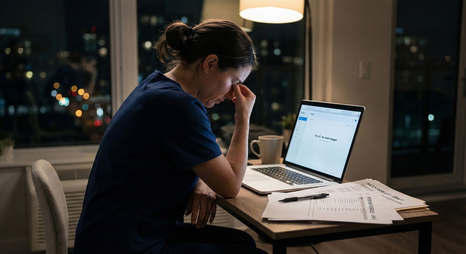 Resident sitting at desk the night after an interview, drafting thank-you emails on a laptop with notes spread out -  for The