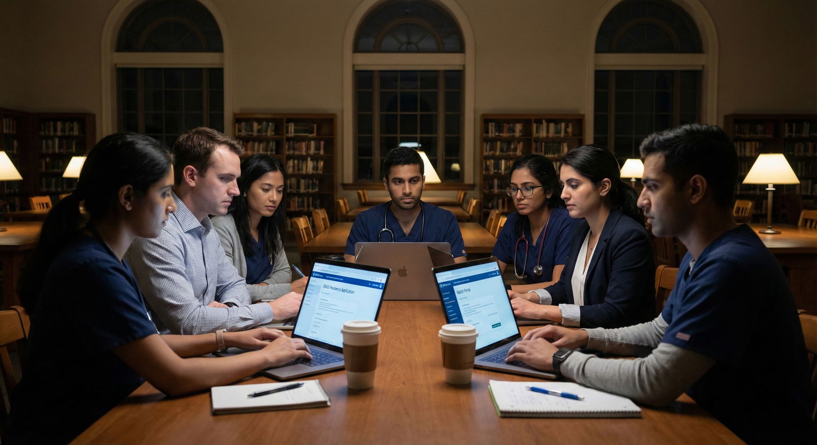 Residents reviewing application timelines and NRMP match data on screens -  for Analyzing NRMP Trends: When Matched Applicant