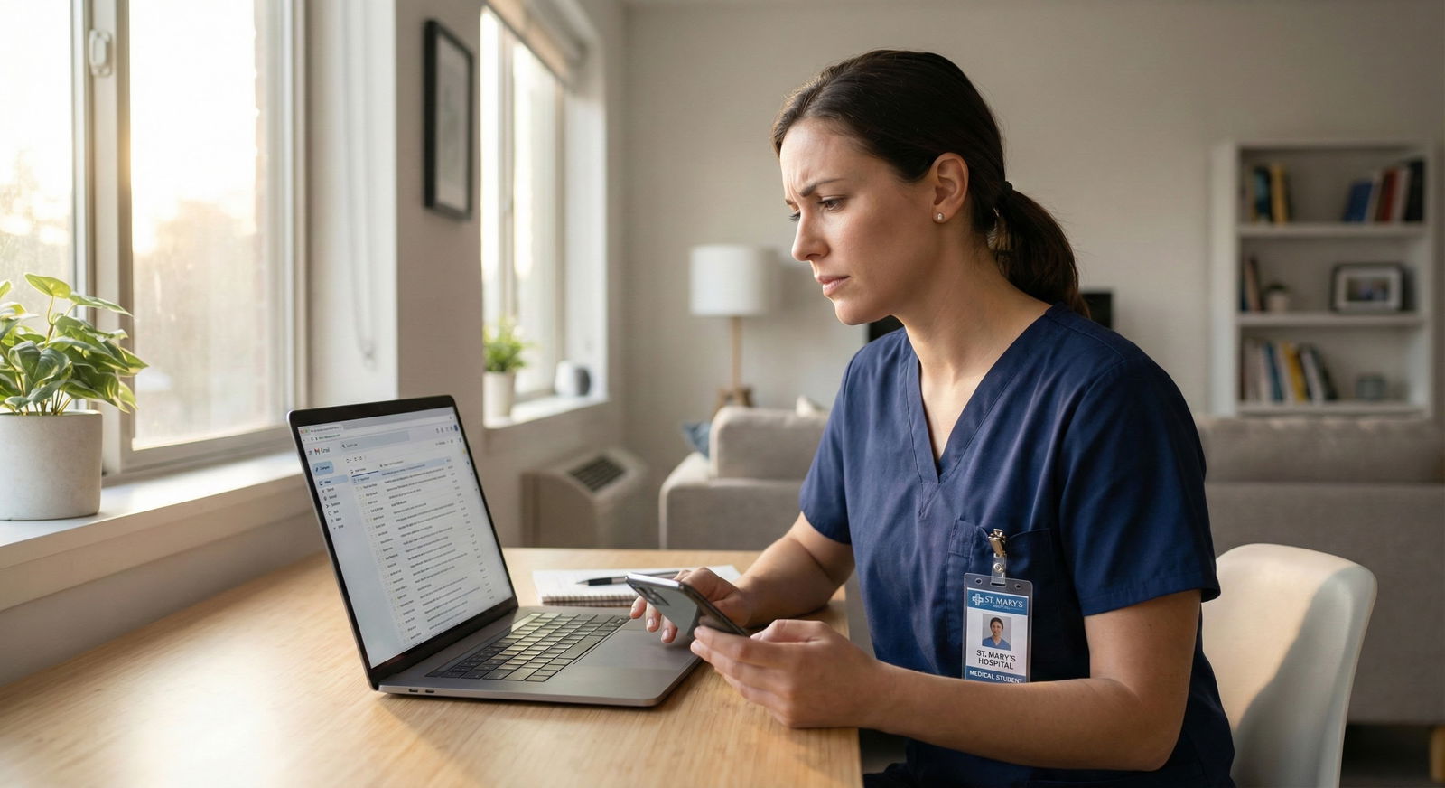 Medical resident anxiously checking email on Match Week -  for Match Week: Avoiding Last‑Minute Email and Communication Blund