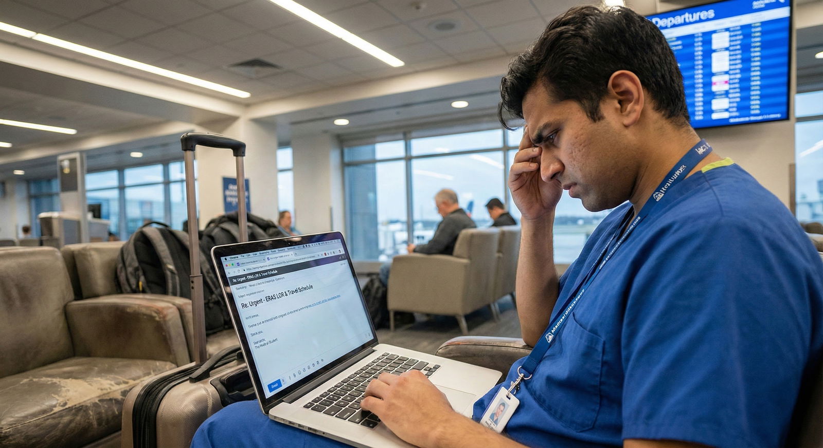 Medical resident applicant emailing letter writer in airport lounge -  for If Your LOR Writer Is Traveling: Timing ERAS Witho