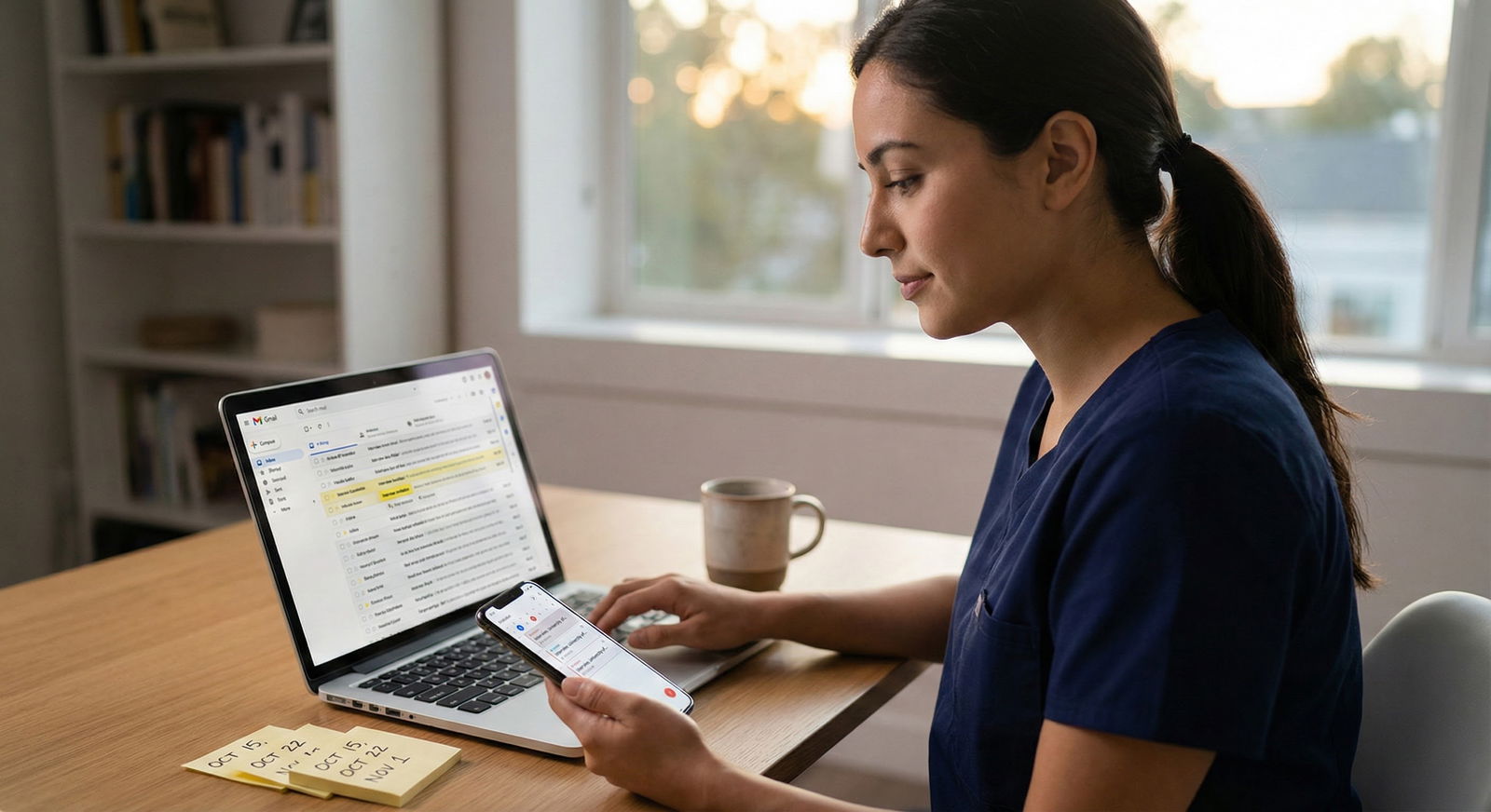 Medical resident checking interview invitations on laptop and phone -  for Interview Invite Season: Day-by-Day Strategy for R