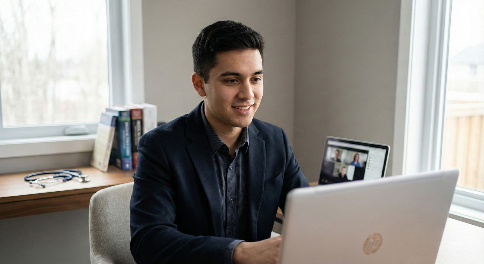 Student reviewing residency program website with notes -  for Residency Interview Season Calendar: How to Prep Between Invite