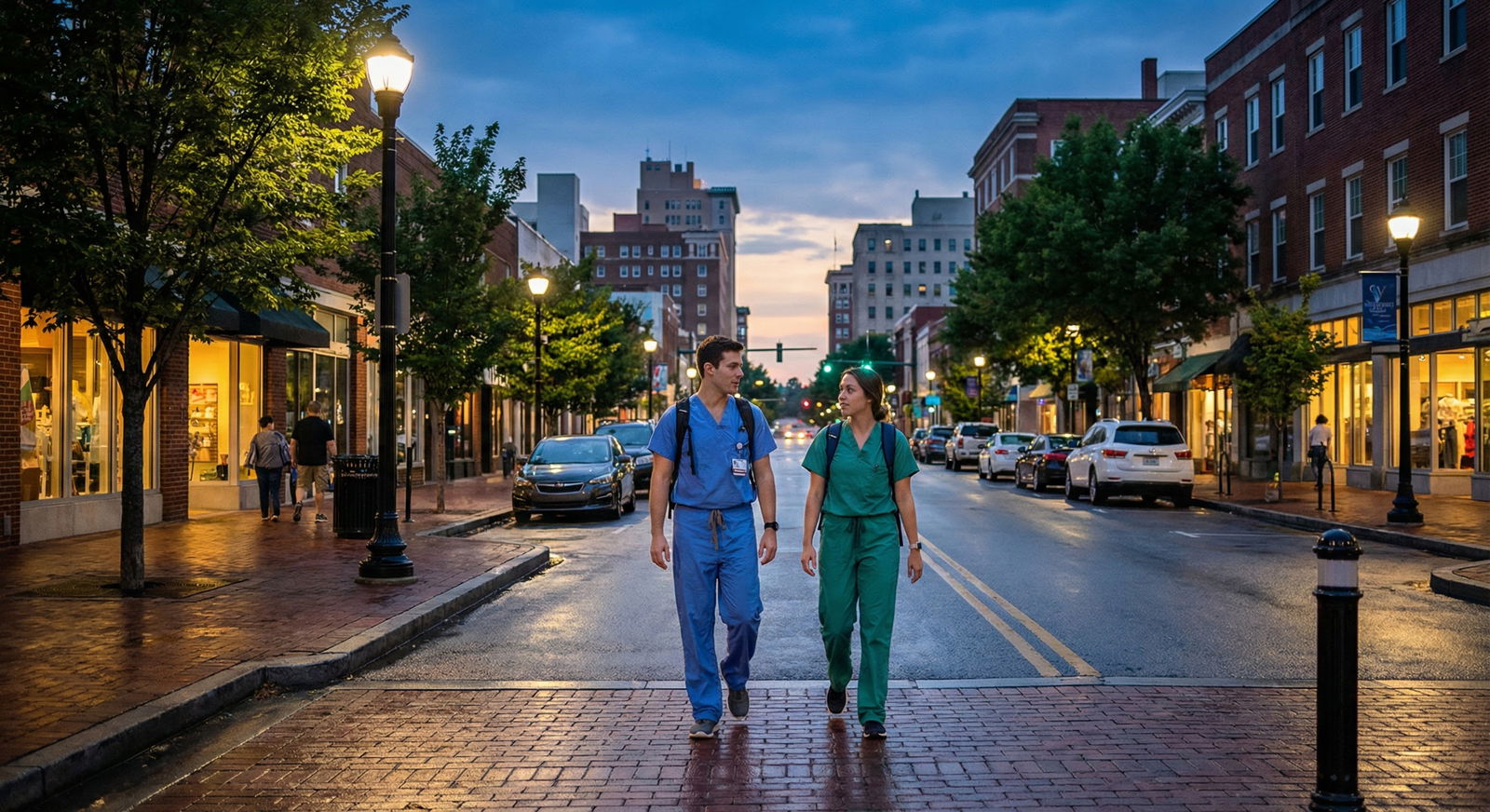 Medical resident couple walking through a mid-sized city neighborhood -  for The ‘Big City or Bust’ Myth: Why Couples Often M