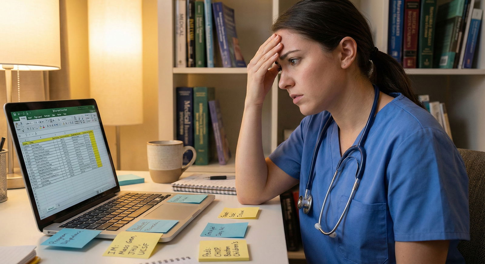 Medical resident reviewing residency rank list at night -  for Does Program Prestige Matter Enough to Bump It Up My Rank List