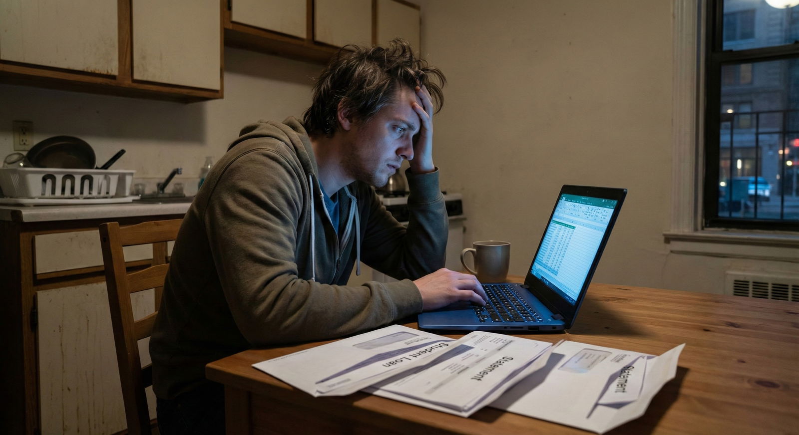 Medical resident looking at a financial spreadsheet on a laptop in a small apartment Medical resident looking at a financial spreadsheet on a laptop in a small apartment - for I Matched a Low-Paid Residency an