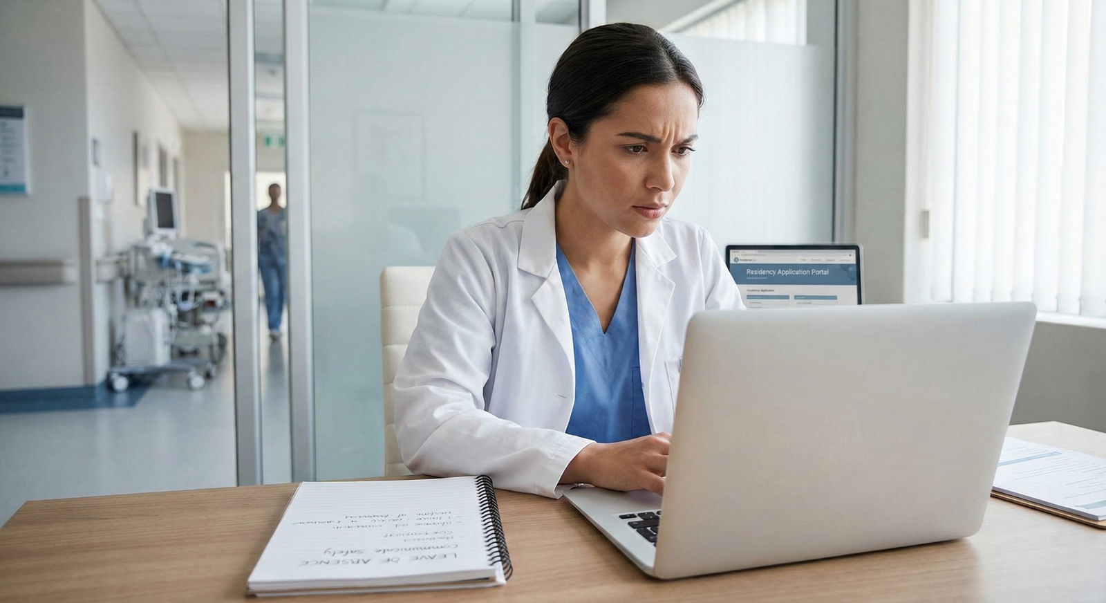 Medical resident quietly preparing residency application at a desk Medical resident quietly preparing residency application at a desk - for If Your LOA Was for Mental Health: How to Communica