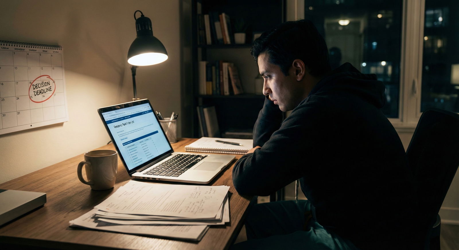 Medical resident quietly reviewing rank list on laptop at night -  for Post‑Interview Month: Timing Rank List Decisions Witho