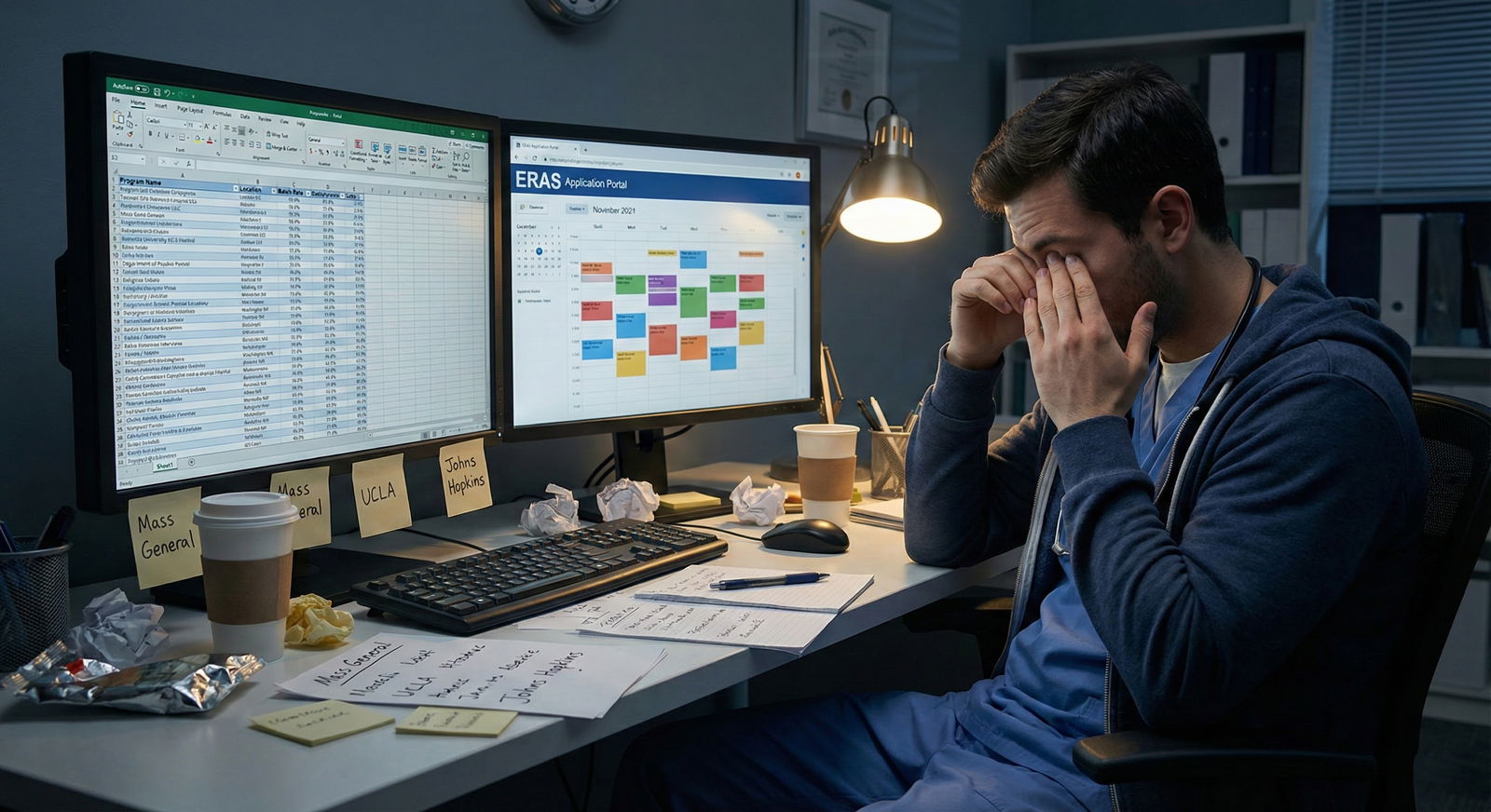 Medical resident reviewing a long residency application list at night -  for Program Volume vs Match Rate: When Overapplying