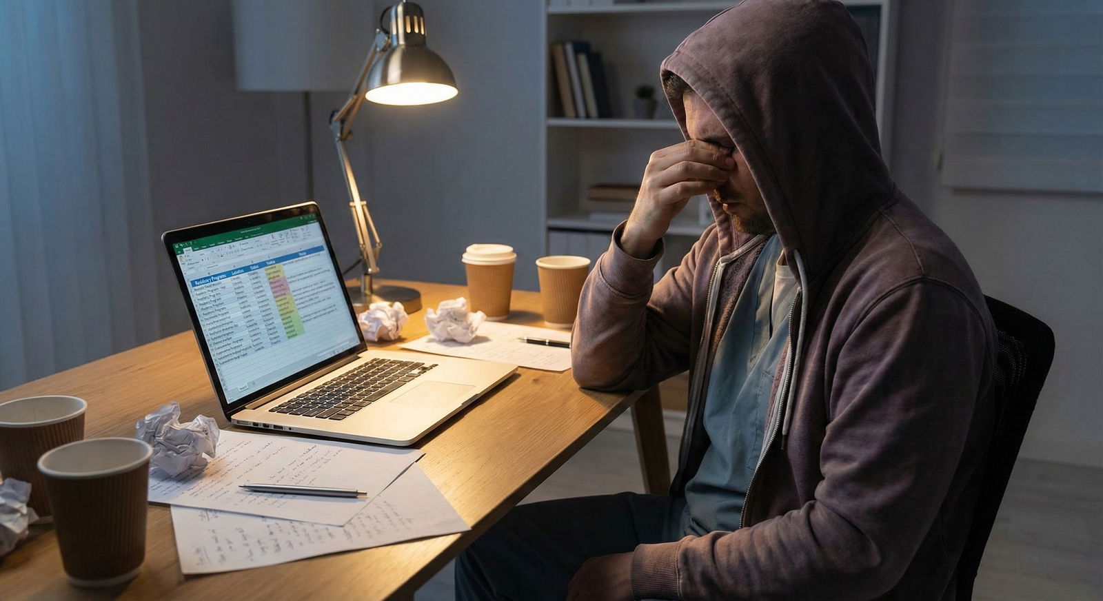 Medical resident reviewing long list of residency programs on laptop at night -  for Can I Apply to Too Many Programs, or Is