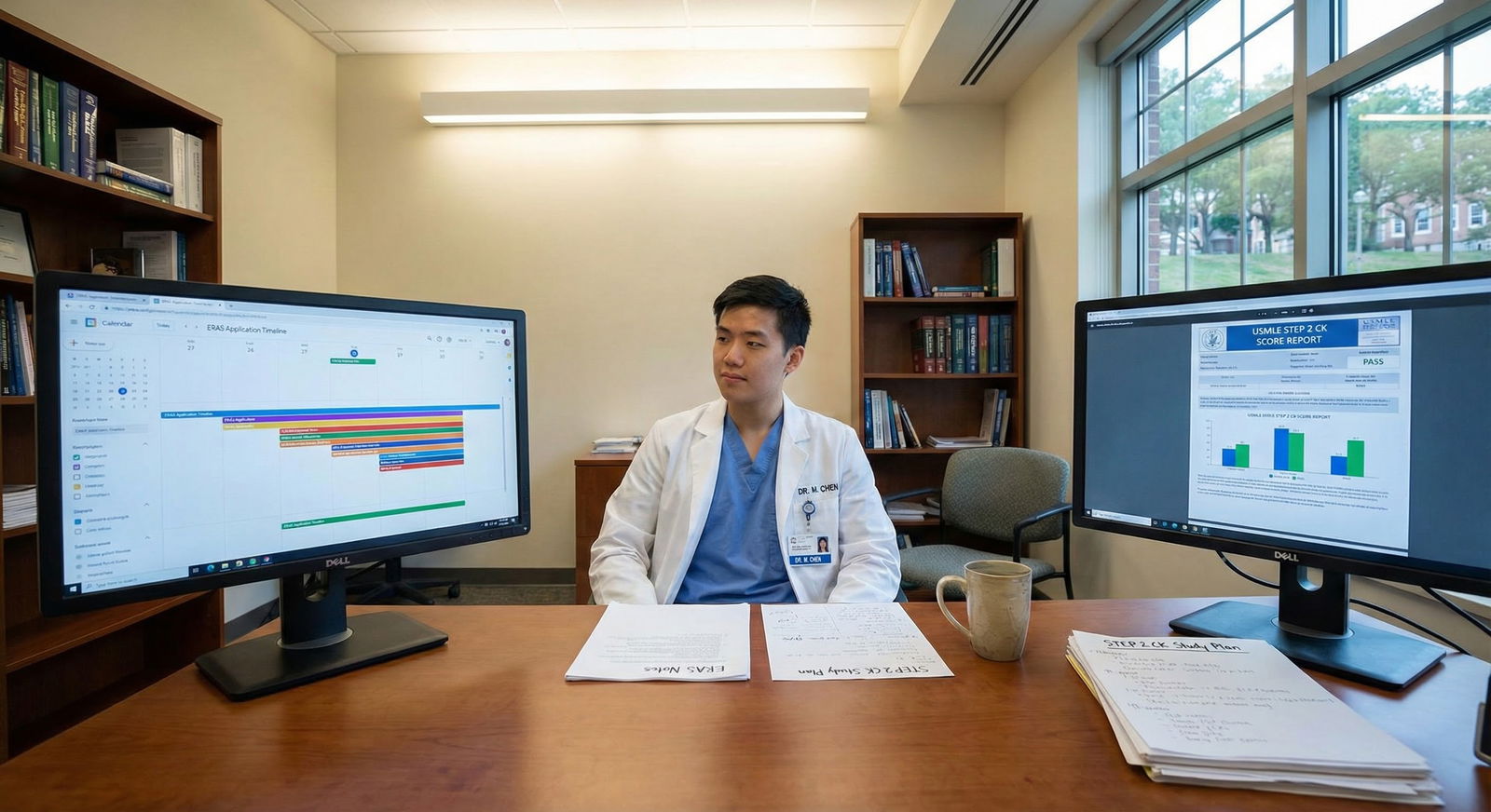Medical resident reviewing ERAS and Step 2 CK score timeline on dual monitors -  for Timing ERAS Around Step 2 CK Score Repor