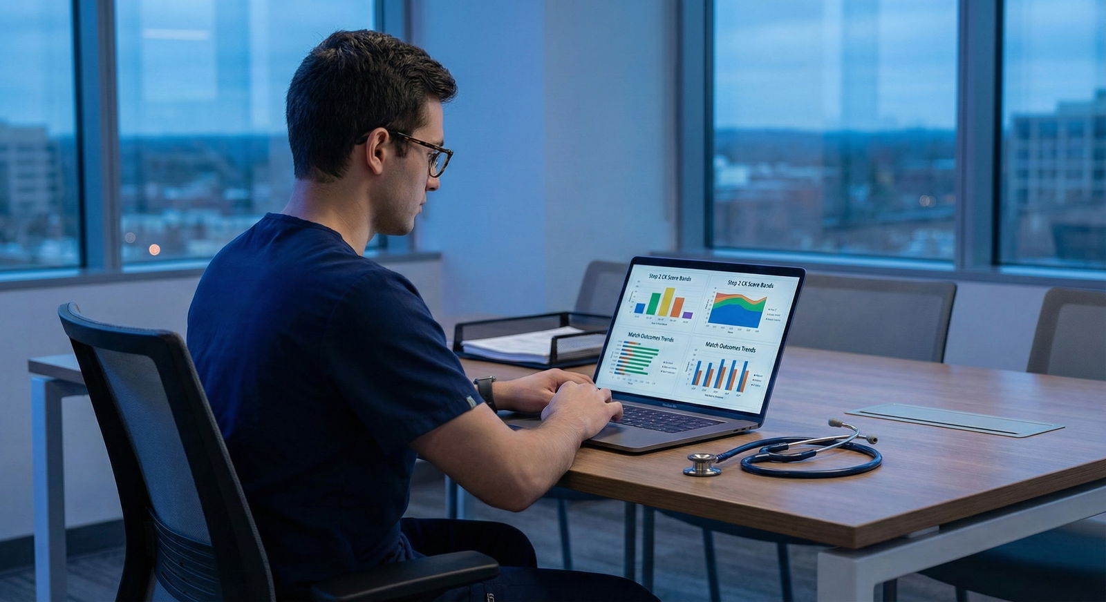 Medical resident reviewing exam performance data on a laptop with charts and tables -  for Step 2 CK Score Bands and Match Ou