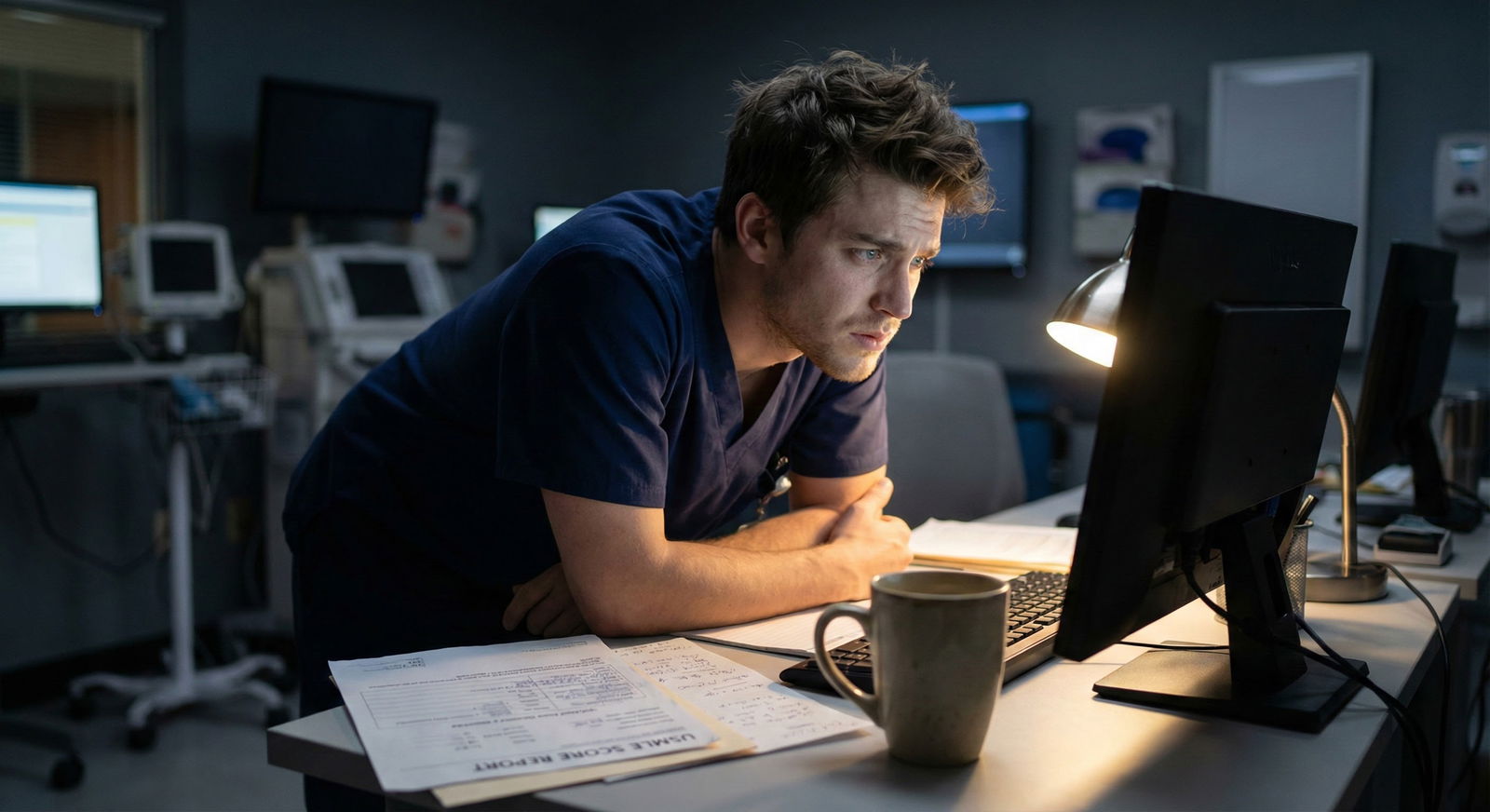 Medical resident reviewing exam scores late at night in hospital workroom -  for Will a Transitional Year Help Me Recover fro