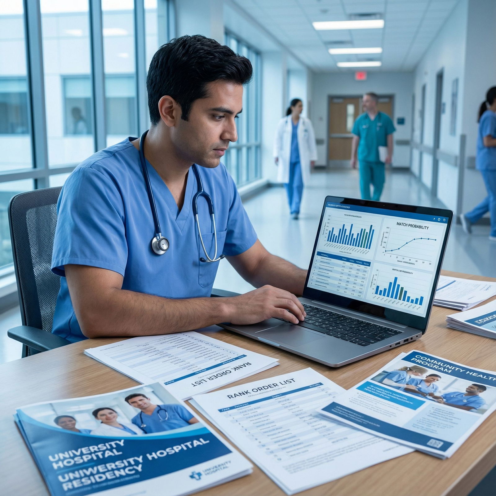 Anxious medical student couple reviewing their NRMP couples match rank list late at night -  for Anxiety About Couples Match
