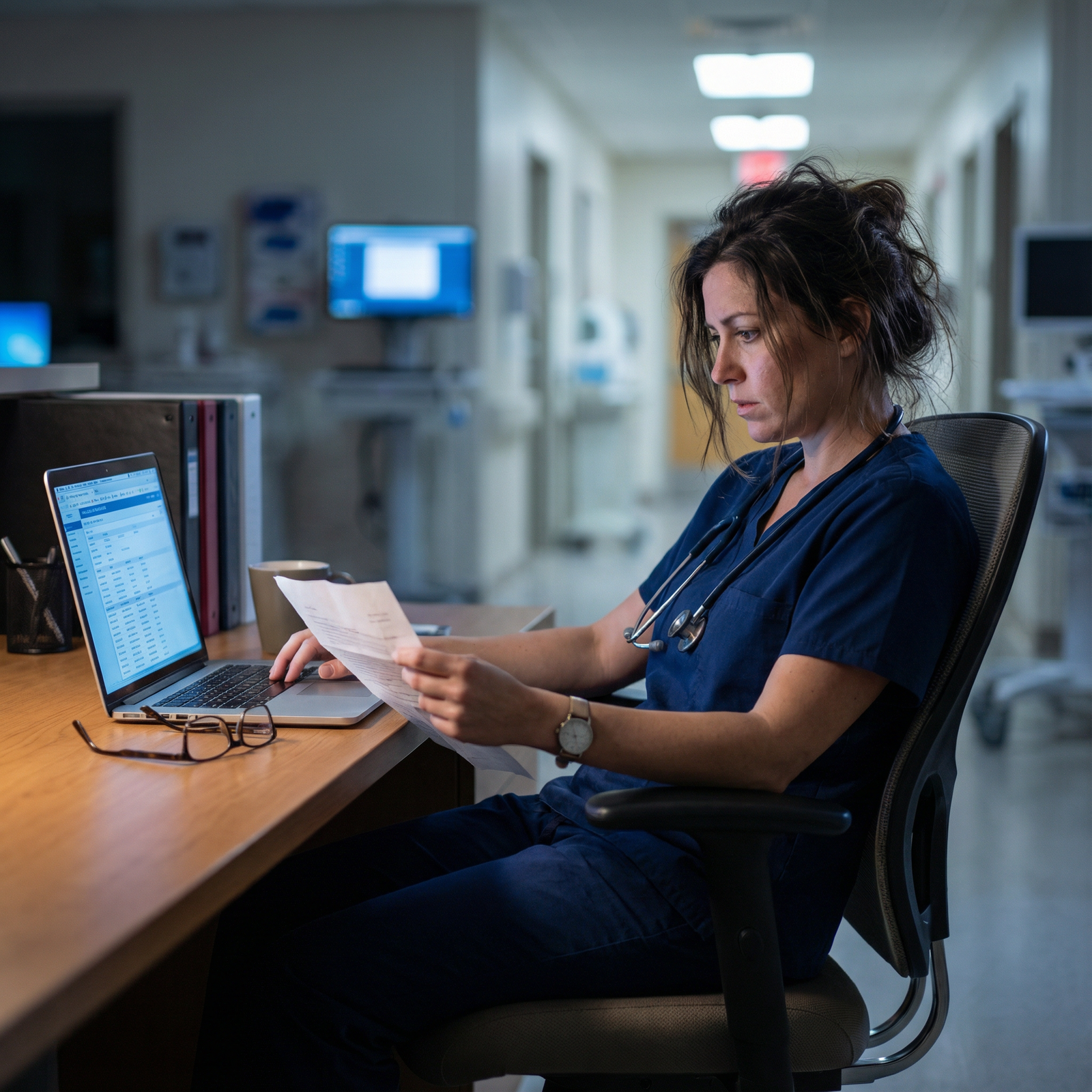 Medical resident reviewing recommendation letters on laptop in hospital workroom Medical resident reviewing recommendation letters on laptop in hospital workroom - for Missing a Chair’s Letter? Practical A