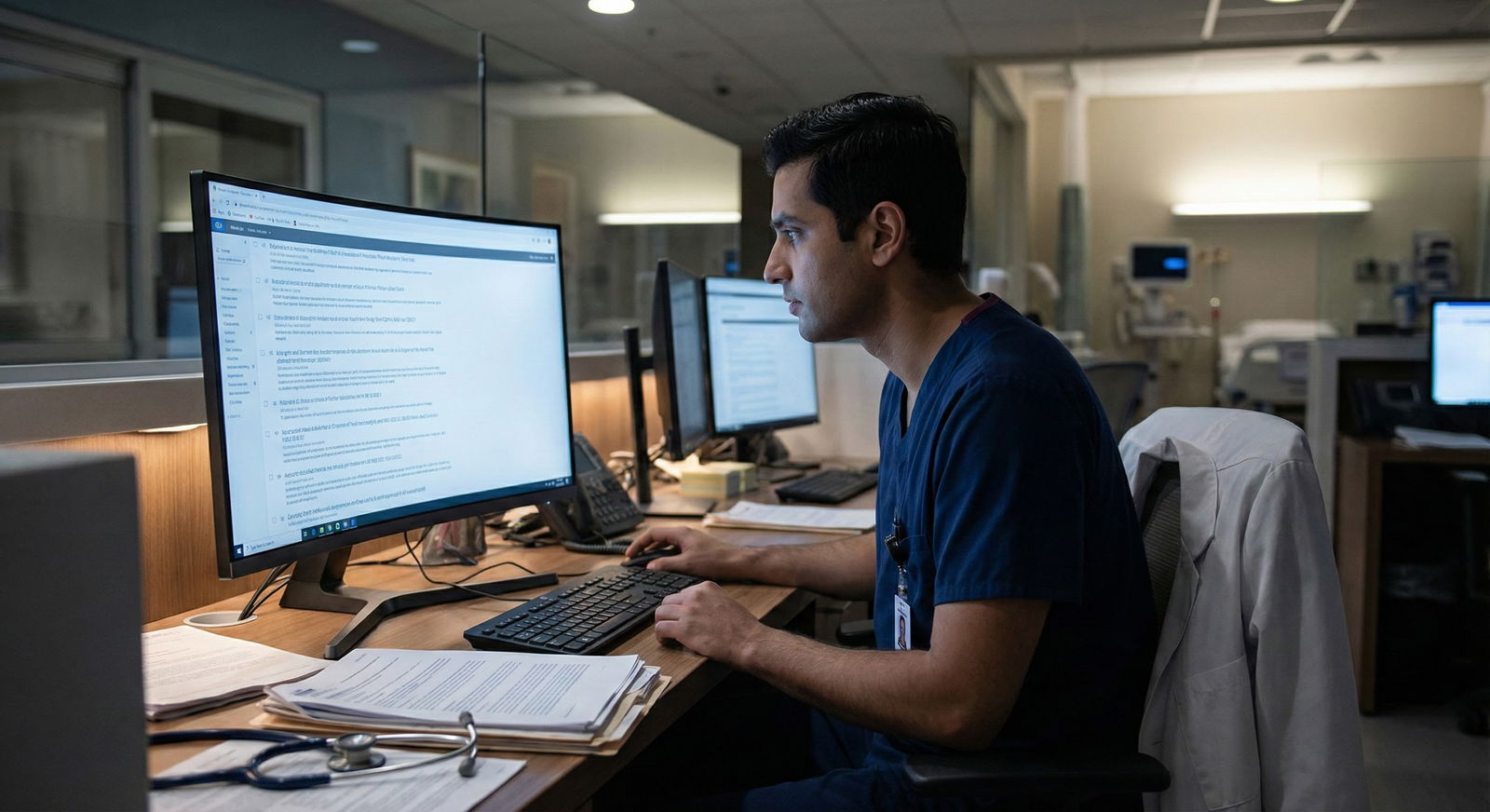 Medical resident reviewing research publications on a computer in a hospital workroom -  for First‑Author vs Middle‑Author: H