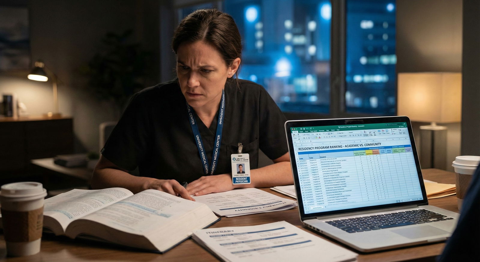 Resident reviewing residency program rank list late at night -  for Should I Rank Every Program I Interviewed At? A Clear Dec