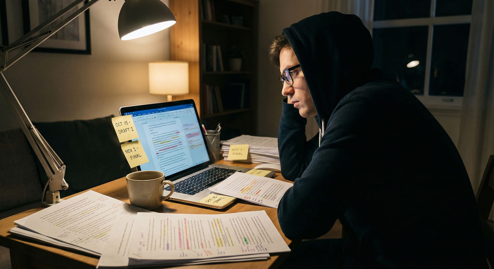 Medical student revising their personal statement on a laptop in a coffee shop between hospital shifts -  for Busy Sub-Intern