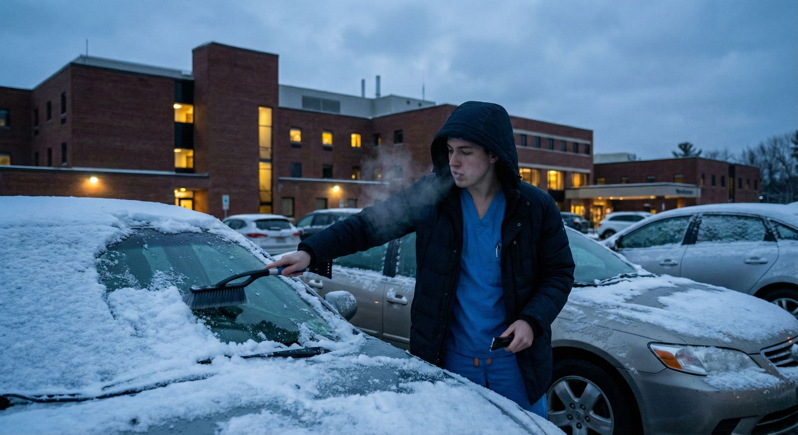 Resident physician studying at a small desk in cramped city apartment -  for Underestimating Commuting and Call Logistics in