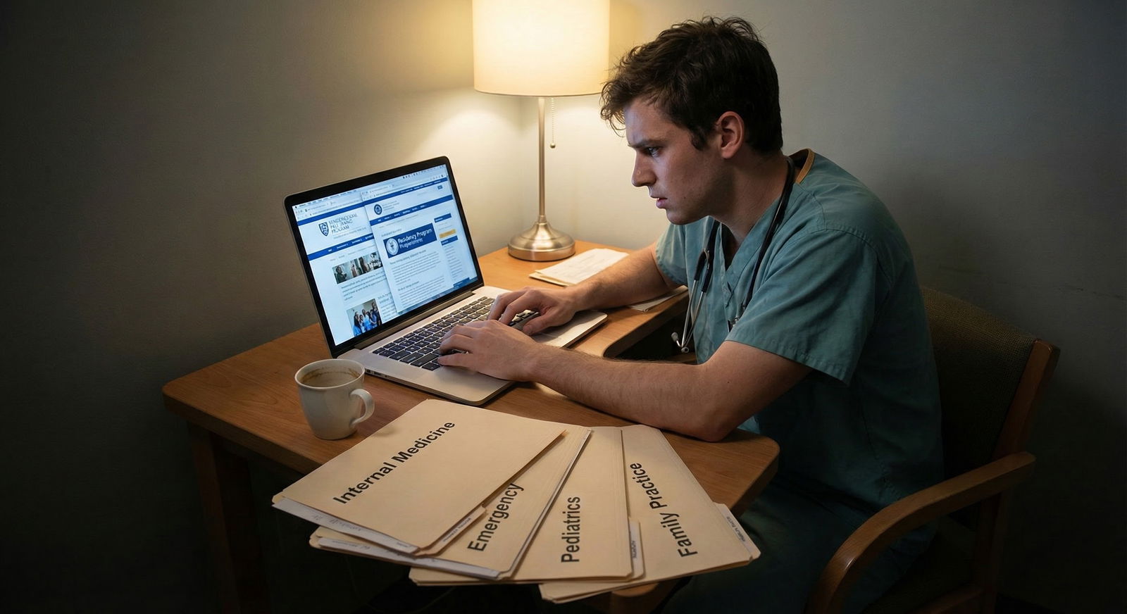Medical resident sitting alone in a call room at night, staring at laptop with open ERAS application and specialty options Medical resident sitting alone in a call room at night, staring at laptop with open ERAS application and specialty options -