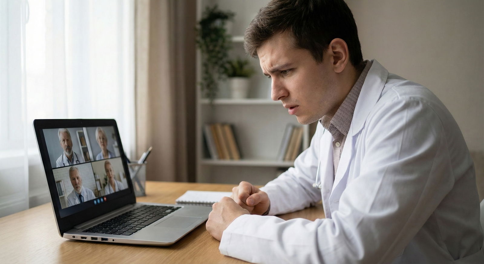 Resident applicant at a desk with dual monitors preparing for a virtual residency interview -  for Can I Use a Second Monitor
