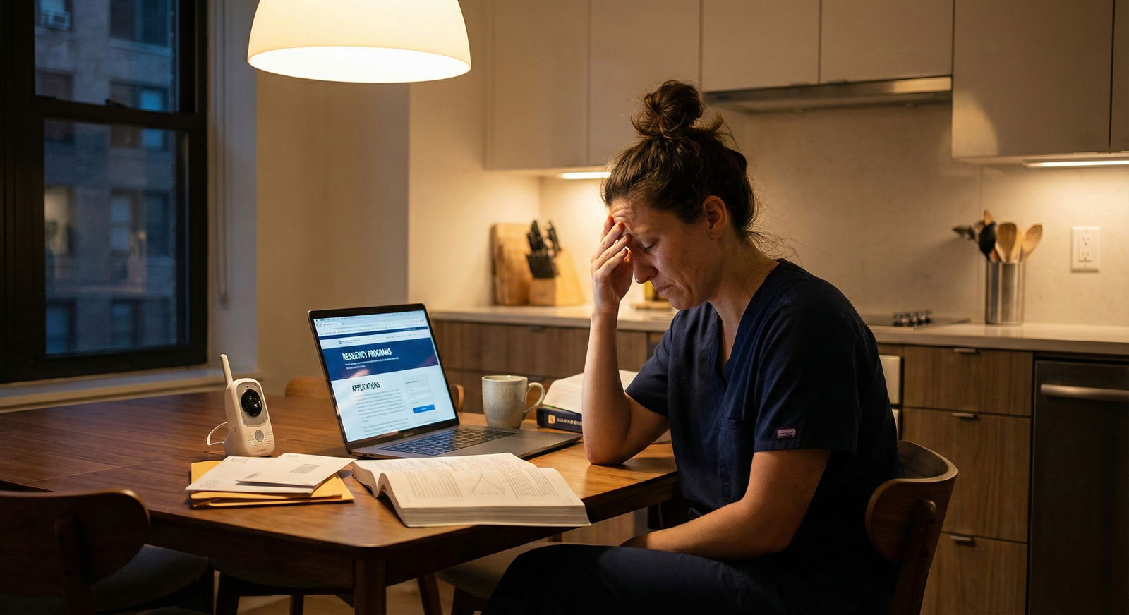 Medical resident reflecting while working on residency application -  for How Much Detail Should I Share About Mental Health