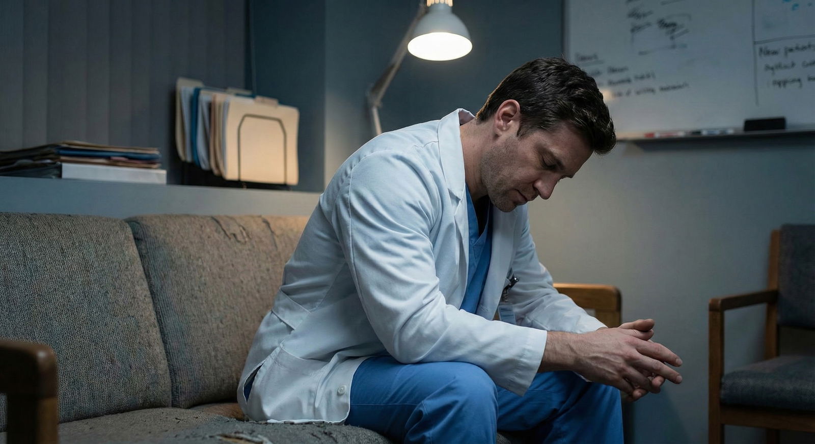 Medical resident sitting quietly in call room reflecting -  for A 4‑Week Onboarding Plan to Build a Mindfulness Habit Before