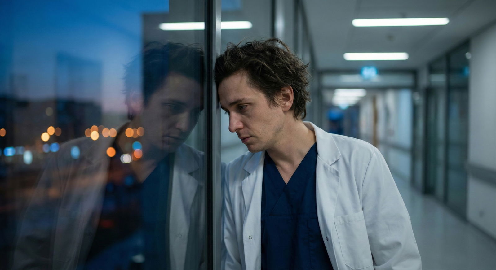 Medical resident staring thoughtfully out a hospital window at dusk Medical resident staring thoughtfully out a hospital window at dusk - for What If My Interests Change After Matching a Low-P