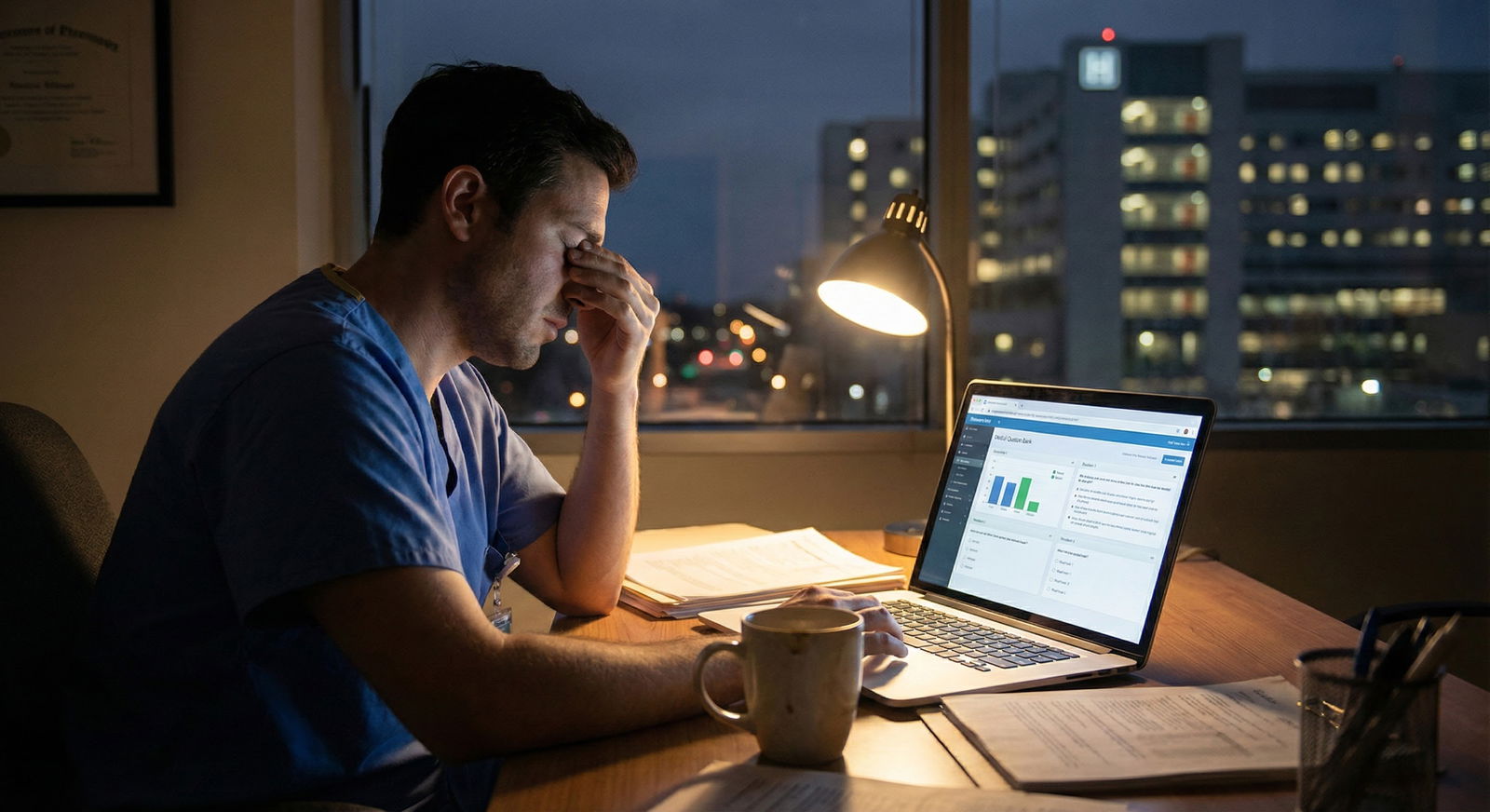 Medical resident studying for Step 3 at night with hospital in background -  for Do You Need a Full Dedicated Month for Step