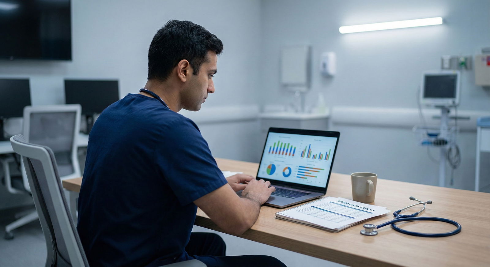 Medical resident reviewing a structured weekly interview prep plan on a laptop at a tidy desk -  for Creating a Pre-Interview