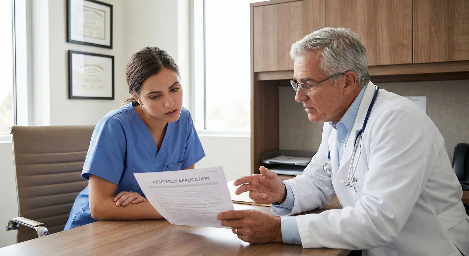 Medical resident talking with mentor in hospital office about career plans -  for Will a Transitional Year Help Me Recover fr