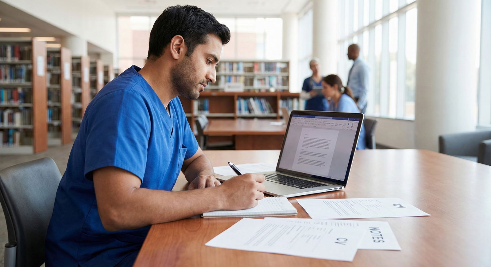 Medical resident writing ERAS application on laptop in quiet study space -  for ERAS Activity Bullets: Crafting Impact Statem