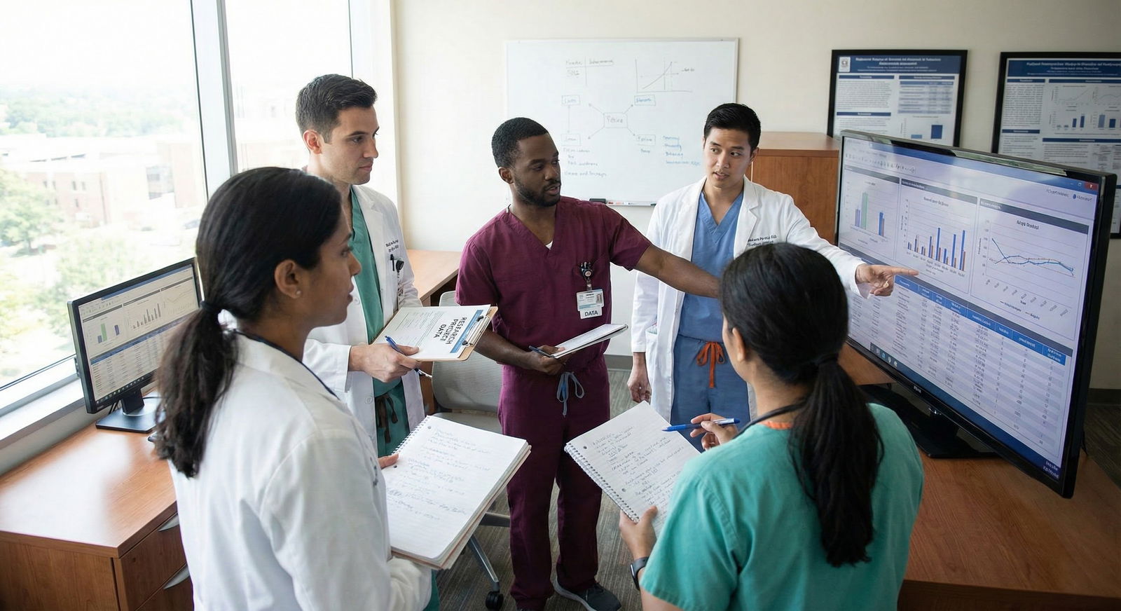 Medical residents collaborating on a research project in a hospital workroom -  for Do I Need Research for a Competitive Appl