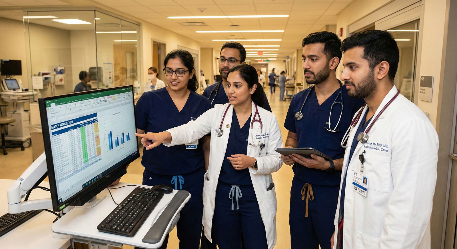 Medical residents in a teaching hospital reviewing a patient list on a workstation -  for Home Program Advantage: Quantifying