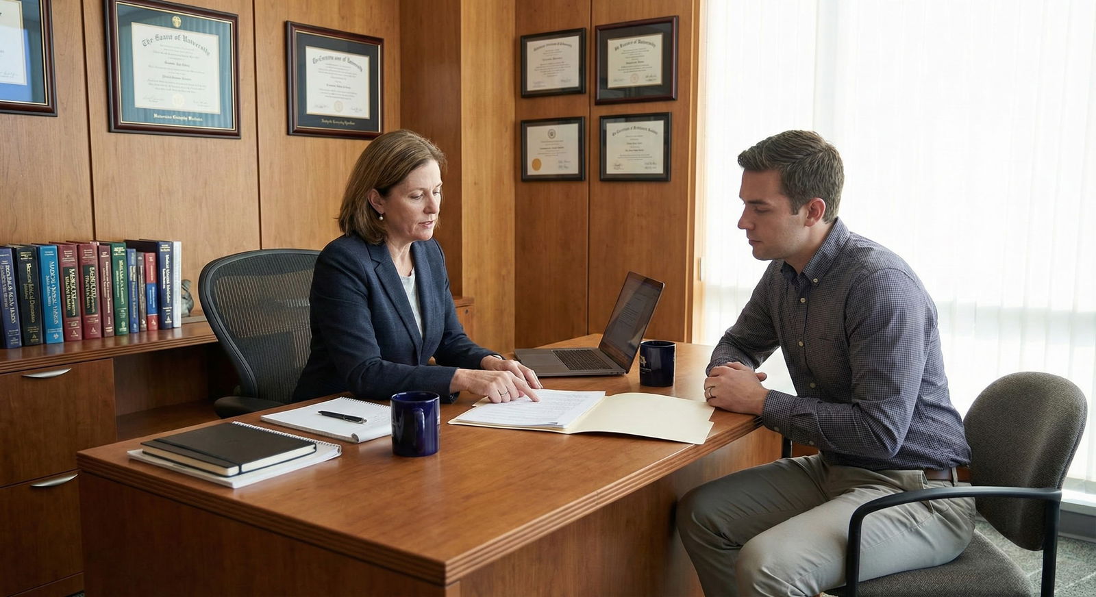 Medical school dean and student reviewing academic record -  for Can You Still Match Competitively After a Mental Health Leav