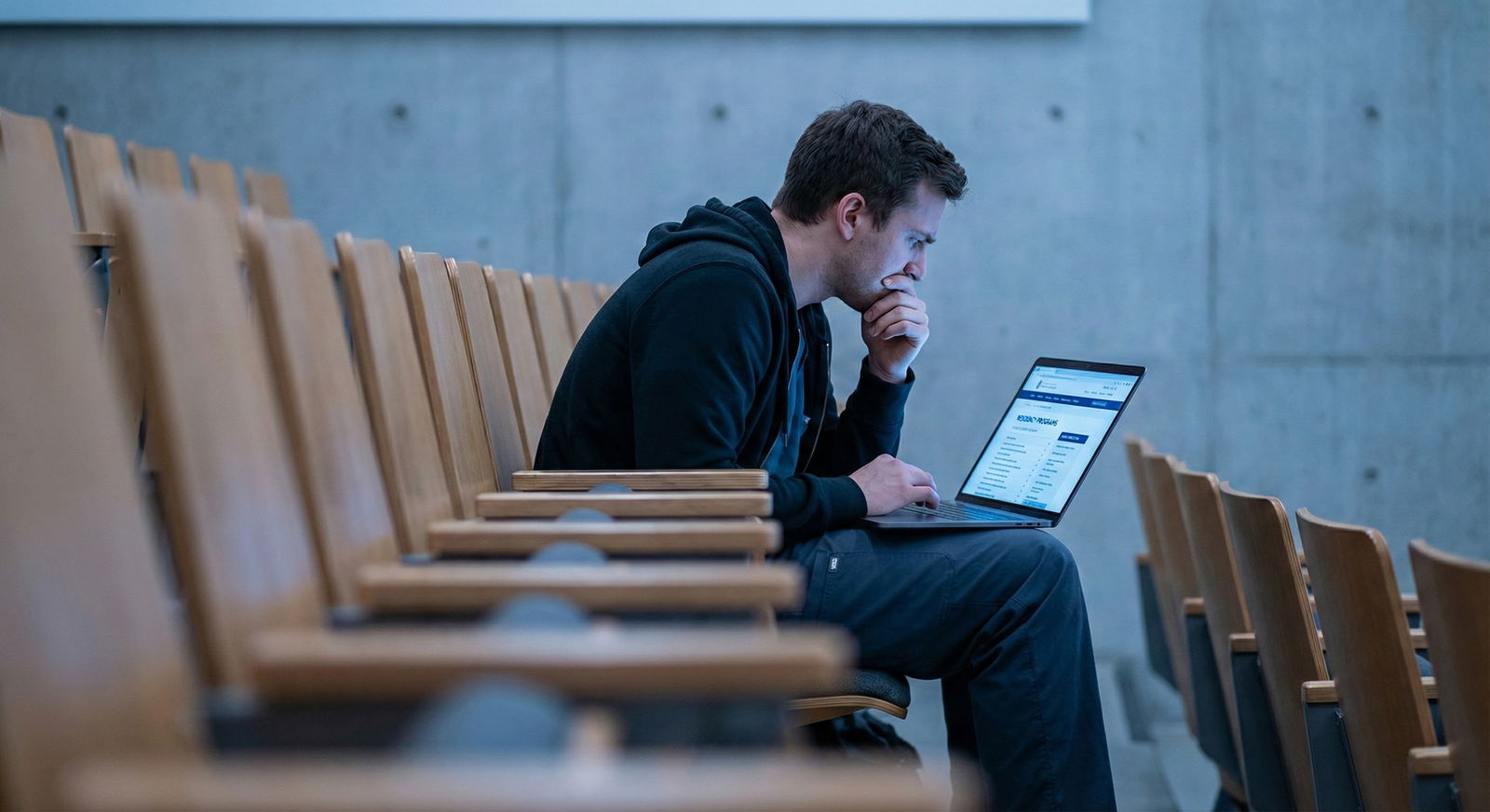 Medical student alone in empty lecture hall looking uncertain -  for Afraid of Regretting a ‘Backup’ Career: How to Decide on